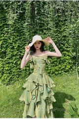 Pretty Irregular Ruffled Spaghetti Straps Green Evening Prom Dress With Detachable Rose Long Birthday Dress For Women