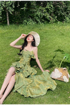 Pretty Irregular Ruffled Spaghetti Straps Green Evening Prom Dress With Detachable Rose Long Birthday Dress For Women