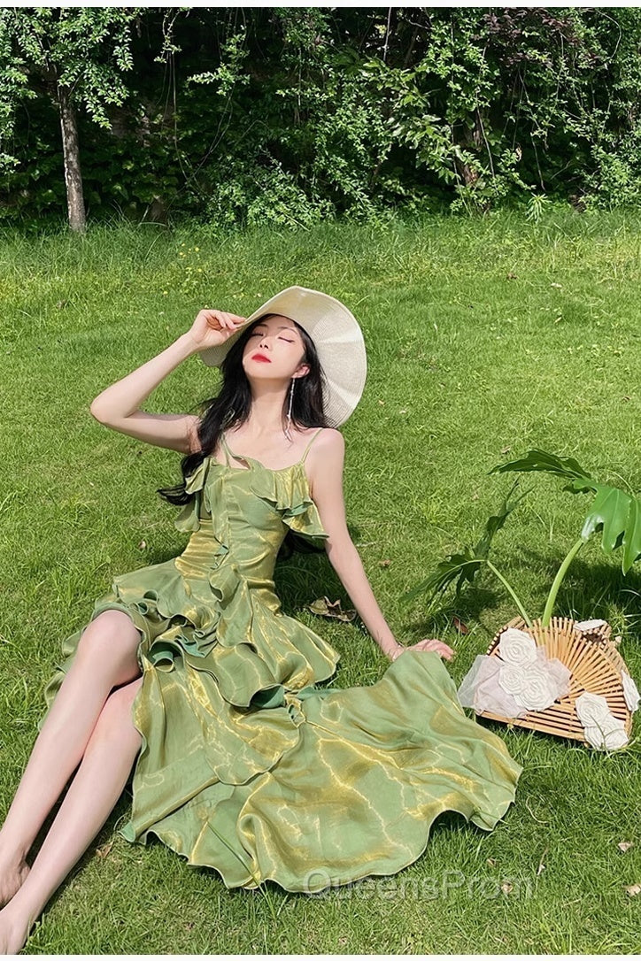 Pretty Irregular Ruffled Spaghetti Straps Green Evening Prom Dress With Detachable Rose Long Birthday Dress For Women