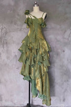 Pretty Irregular Ruffled Spaghetti Straps Green Evening Prom Dress With Detachable Rose Long Birthday Dress For Women