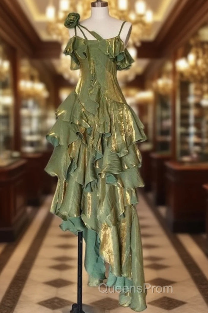 Pretty Irregular Ruffled Spaghetti Straps Green Evening Prom Dress With Detachable Rose Long Birthday Dress For Women Main image