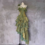 Pretty Irregular Ruffled Spaghetti Straps Green Classy Prom Dress With Detachable Rose Long Birthday Dress For Women