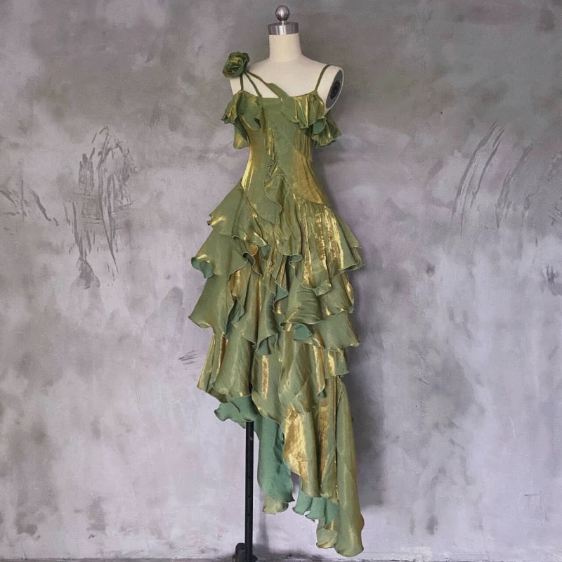 Pretty Irregular Ruffled Spaghetti Straps Green Classy Prom Dress With Detachable Rose Long Birthday Dress For Women
