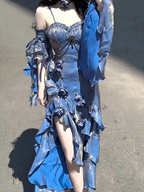 Pretty Sheath Irregular Ruffled Spaghetti Straps Women'S Blue Long Birthday Party Dress