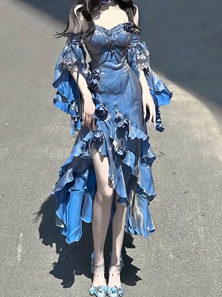 Pretty Sheath Irregular Ruffled Spaghetti Straps Women'S Blue Long Birthday Party Dress