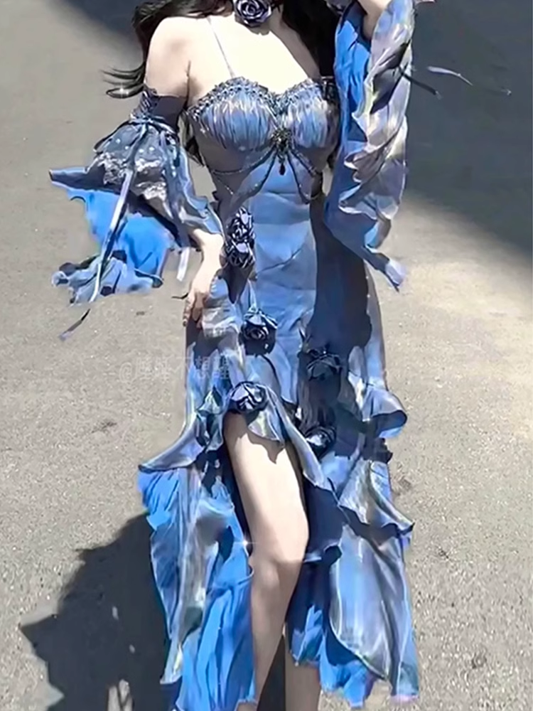 Pretty Sheath Irregular Ruffled Spaghetti Straps Women'S Blue Long Birthday Party Dress Main image