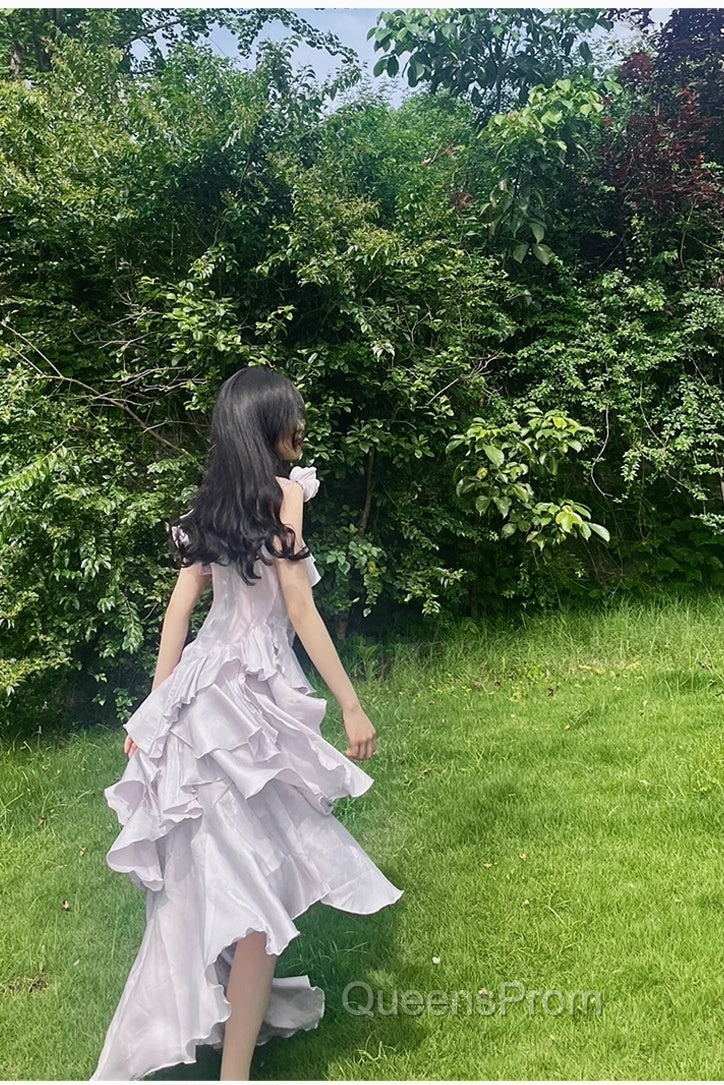 Pretty Irregular Ruffled Suspender Evening Prom Dress With Detachable Rose Long Birthday Dress For Women