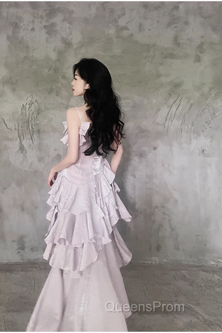 Pretty Irregular Ruffled Suspender Evening Prom Dress With Detachable Rose Long Birthday Dress For Women