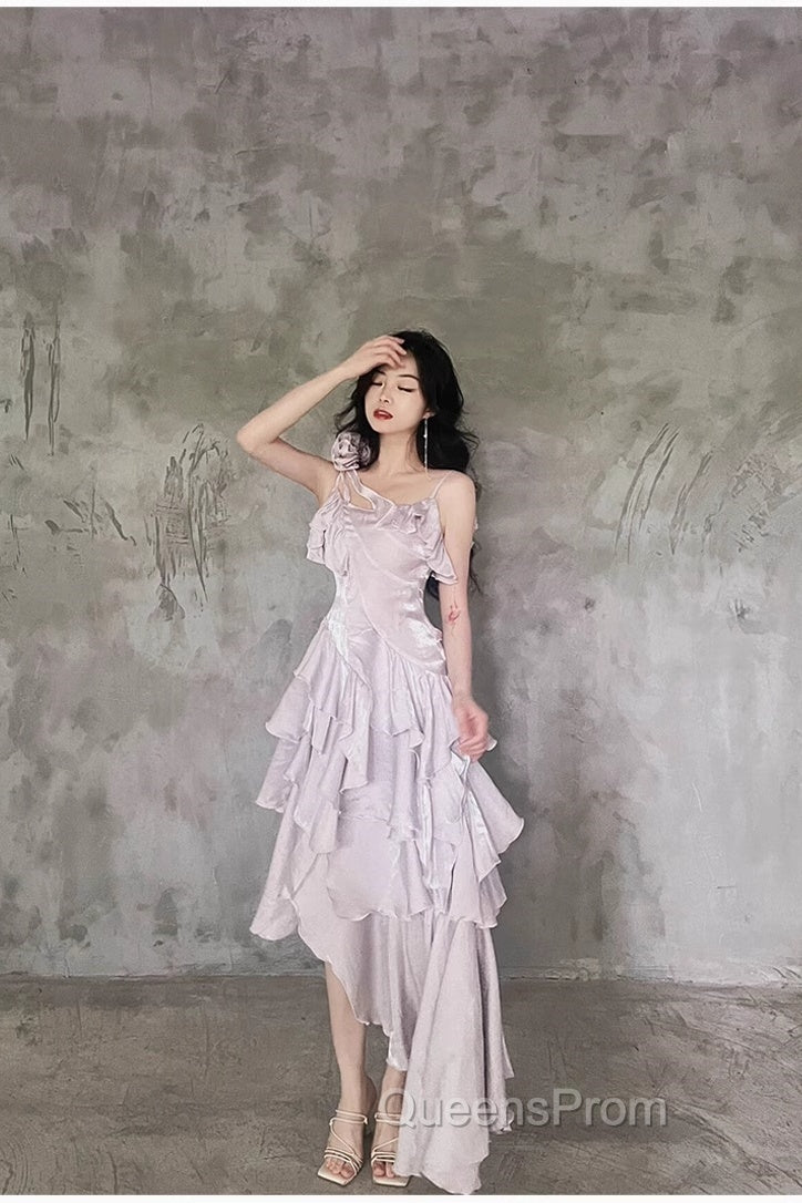 Pretty Irregular Ruffled Suspender Evening Prom Dress With Detachable Rose Long Birthday Dress For Women