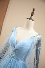Pretty Light Blue A-Line Puffy Sleeves Party Dress, Light Blue Evening Dress Evening Prom Dress