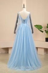 Pretty Light Blue A-Line Puffy Sleeves Party Dress, Light Blue Evening Dress Evening Prom Dress