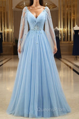 Pretty Light Blue A-Line Puffy Sleeves Party Dress, Light Blue Evening Dress Evening Prom Dress