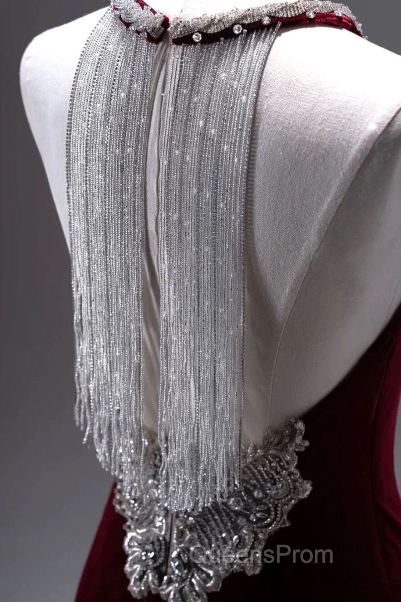 Pretty Mermaid Burgundy Velvet Long Backless Evening Dress Evening Prom Dress