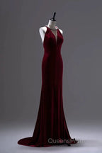 Pretty Mermaid Burgundy Velvet Long Backless Evening Dress Evening Prom Dress