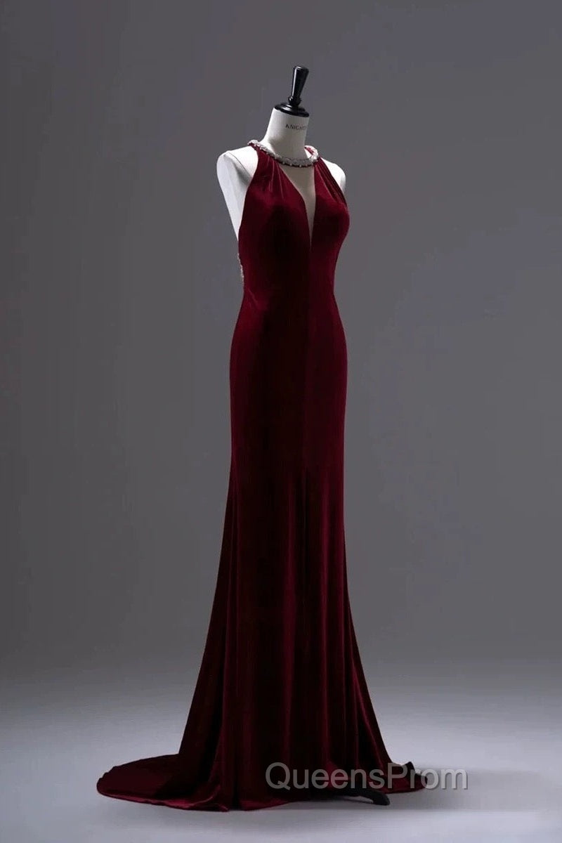 Pretty Mermaid Burgundy Velvet Long Backless Evening Dress Evening Prom Dress