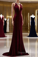 Pretty Mermaid Burgundy Velvet Long Backless Evening Dress Evening Prom Dress