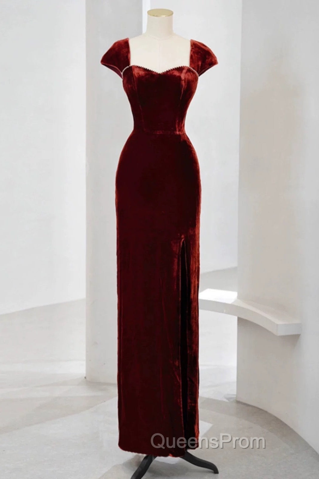 Pretty Mermaid Burgundy Velvet Slit Evening Dress Evening Prom Dress