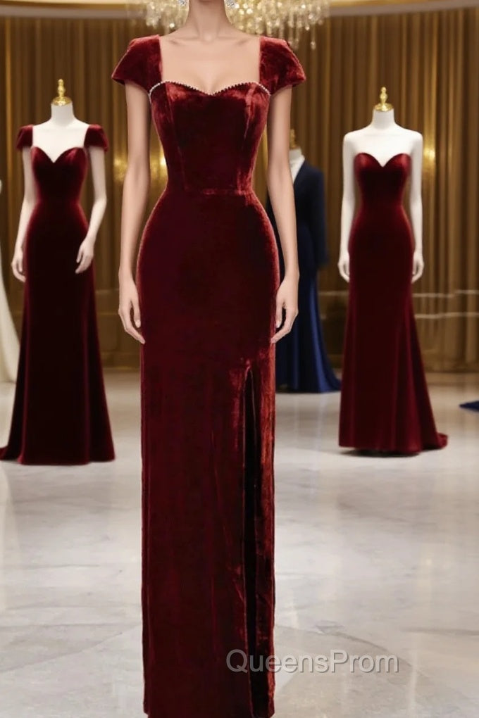Pretty Mermaid Burgundy Velvet Slit Evening Dress Evening Prom Dress Main image