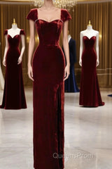 Pretty Mermaid Burgundy Velvet Slit Evening Dress Evening Prom Dress