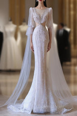 Pretty Mermaid Long Sleeves Pink Evening Prom Dress Evening Gowns