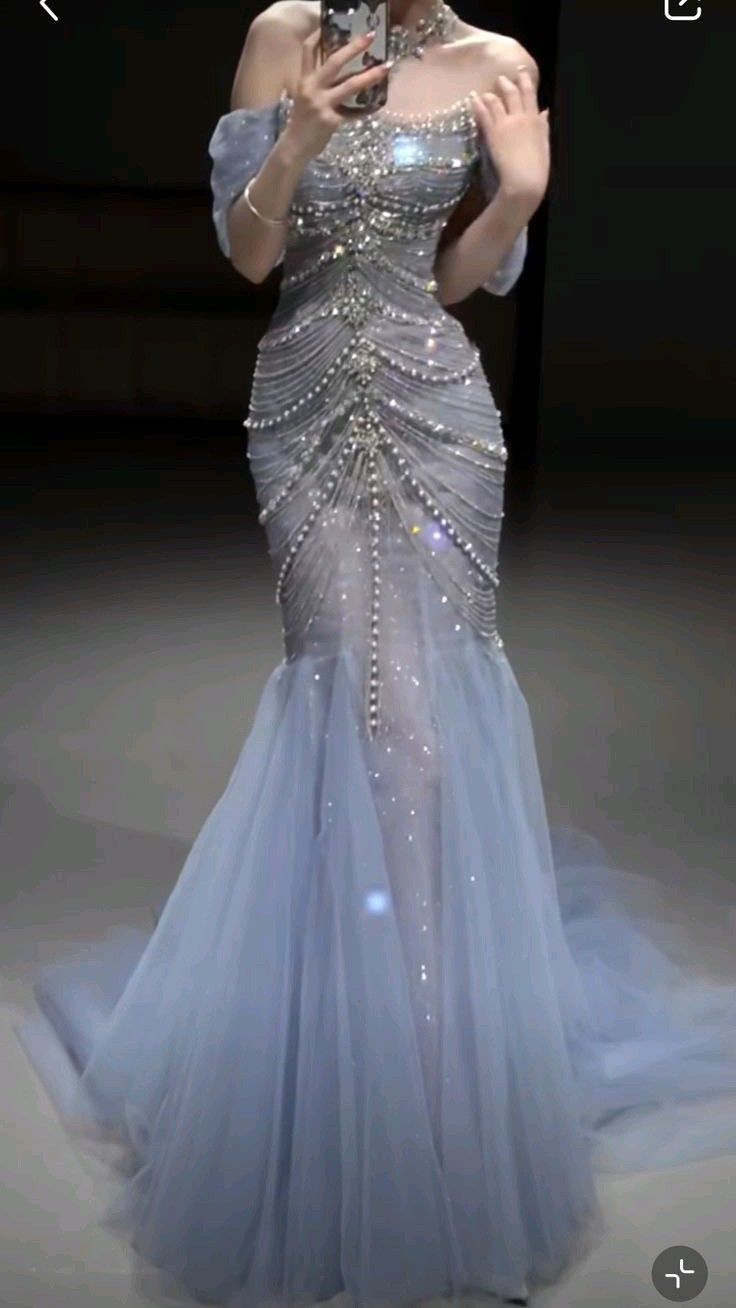 Pretty Mermaid Off The Shoulder Blue Tulle Silver Beads Long Classy Prom Dress Classy Evening Dress