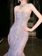 Pretty Mermaid Off The Shoulder Blue Tulle Silver Beads Long Classy Prom Dress Classy Evening Dress