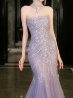 Pretty Mermaid Off The Shoulder Blue Tulle Silver Beads Long Classy Prom Dress Classy Evening Dress
