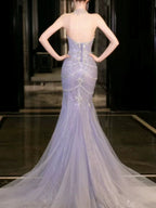 Pretty Mermaid Off The Shoulder Blue Tulle Silver Beads Long Classy Prom Dress Classy Evening Dress