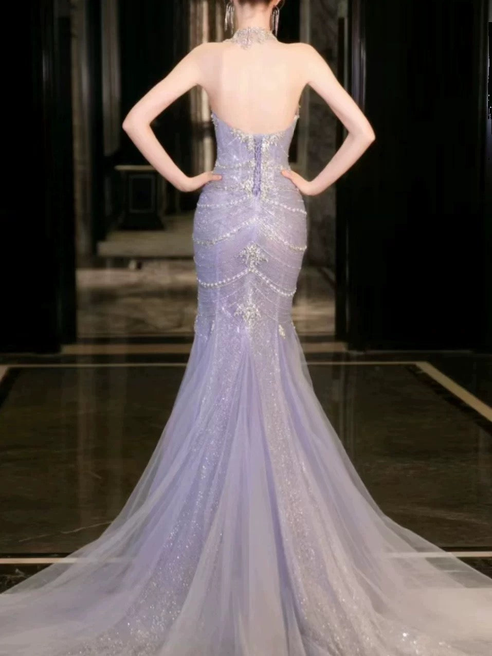 Pretty Mermaid Off The Shoulder Blue Tulle Silver Beads Long Classy Prom Dress Classy Evening Dress