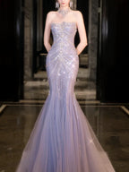 Pretty Mermaid Off The Shoulder Blue Tulle Silver Beads Long Classy Prom Dress Classy Evening Dress