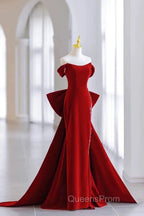 Pretty Mermaid Off The Shoulder Burgundy Satin Long Evening Dress Evening Prom Dress