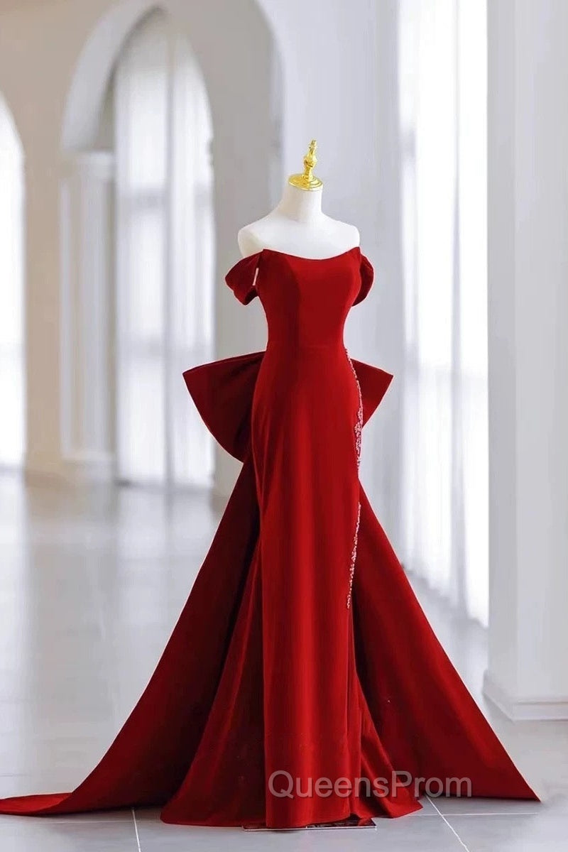 Pretty Mermaid Off The Shoulder Burgundy Satin Long Evening Dress Evening Prom Dress