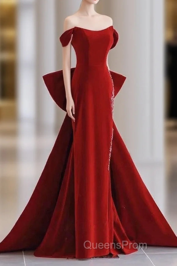 Pretty Mermaid Off The Shoulder Burgundy Satin Long Evening Dress Evening Prom Dress Main image