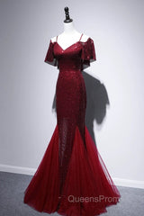 Pretty Mermaid Off The Shoulder Burgundy Sequin Long Evening Dress Evening Prom Dress