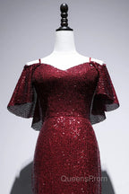 Pretty Mermaid Off The Shoulder Burgundy Sequin Long Evening Dress Evening Prom Dress