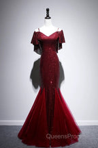 Pretty Mermaid Off The Shoulder Burgundy Sequin Long Evening Dress Evening Prom Dress