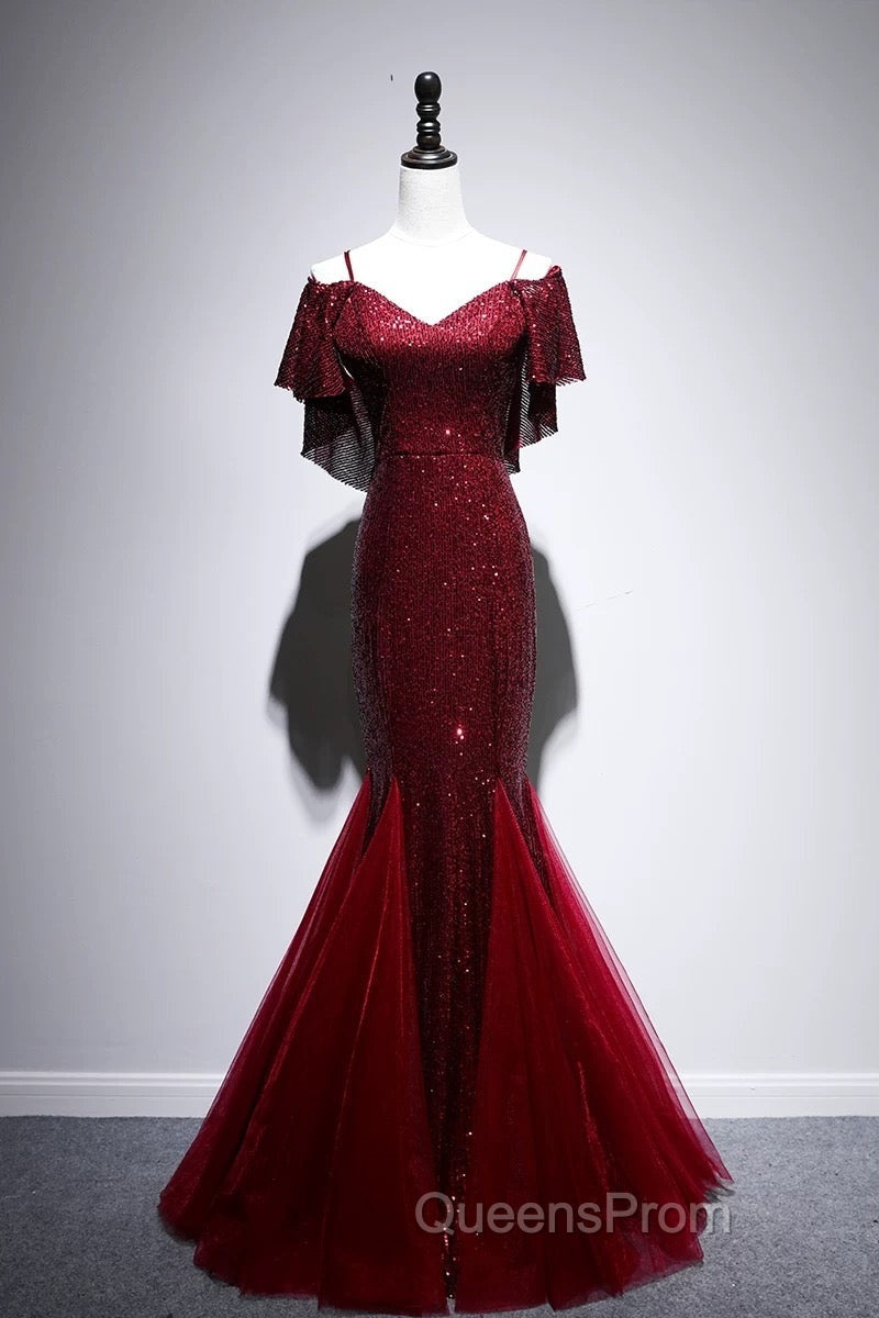 Pretty Mermaid Off The Shoulder Burgundy Sequin Long Evening Dress Evening Prom Dress