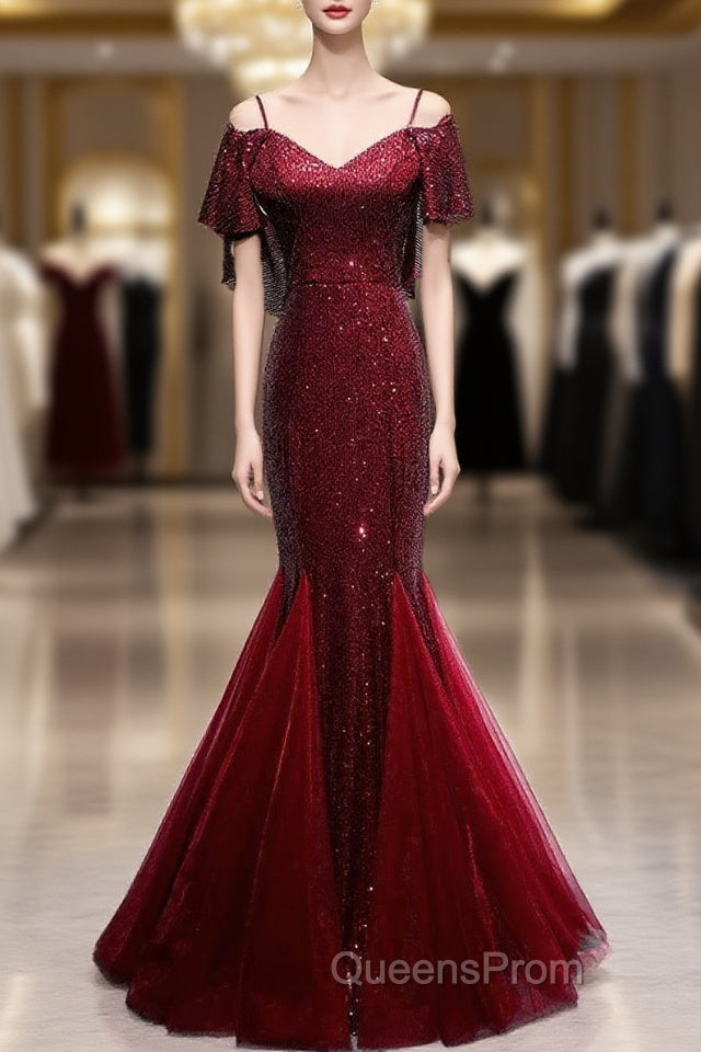 Pretty Mermaid Off The Shoulder Burgundy Sequin Long Evening Dress Evening Prom Dress Main image