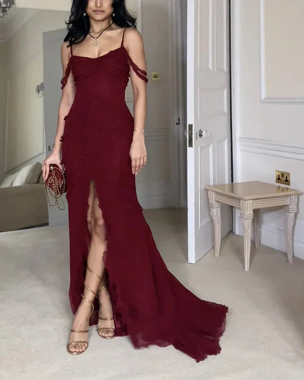 Pretty Mermaid Off The Shoulder Burgundy Slit Long Prom Dresses Formal Evening Dress Secondary image