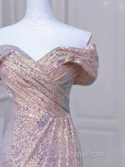 Pretty Mermaid Off The Shoulder Pink Sequin Long Evening Dress Evening Prom Dress
