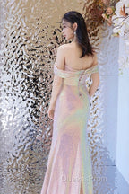 Pretty Mermaid Off The Shoulder Pink Sequin Long Evening Dress Evening Prom Dress