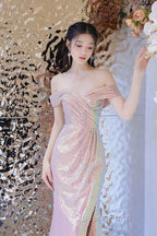Pretty Mermaid Off The Shoulder Pink Sequin Long Evening Dress Evening Prom Dress