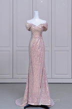 Pretty Mermaid Off The Shoulder Pink Sequin Long Evening Dress Evening Prom Dress