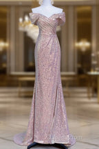 Pretty Mermaid Off The Shoulder Pink Sequin Long Evening Dress Evening Prom Dress