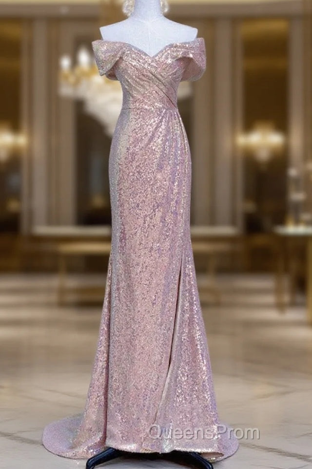 Pretty Mermaid Off The Shoulder Pink Sequin Long Evening Dress Evening Prom Dress