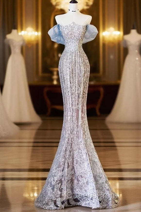 Pretty Mermaid Off The Shoulder Sequin Blue Long Evening Prom Dress Evening Gowns Main image