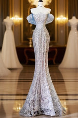 Pretty Mermaid Off The Shoulder Sequin Blue Long Evening Prom Dress Evening Gowns