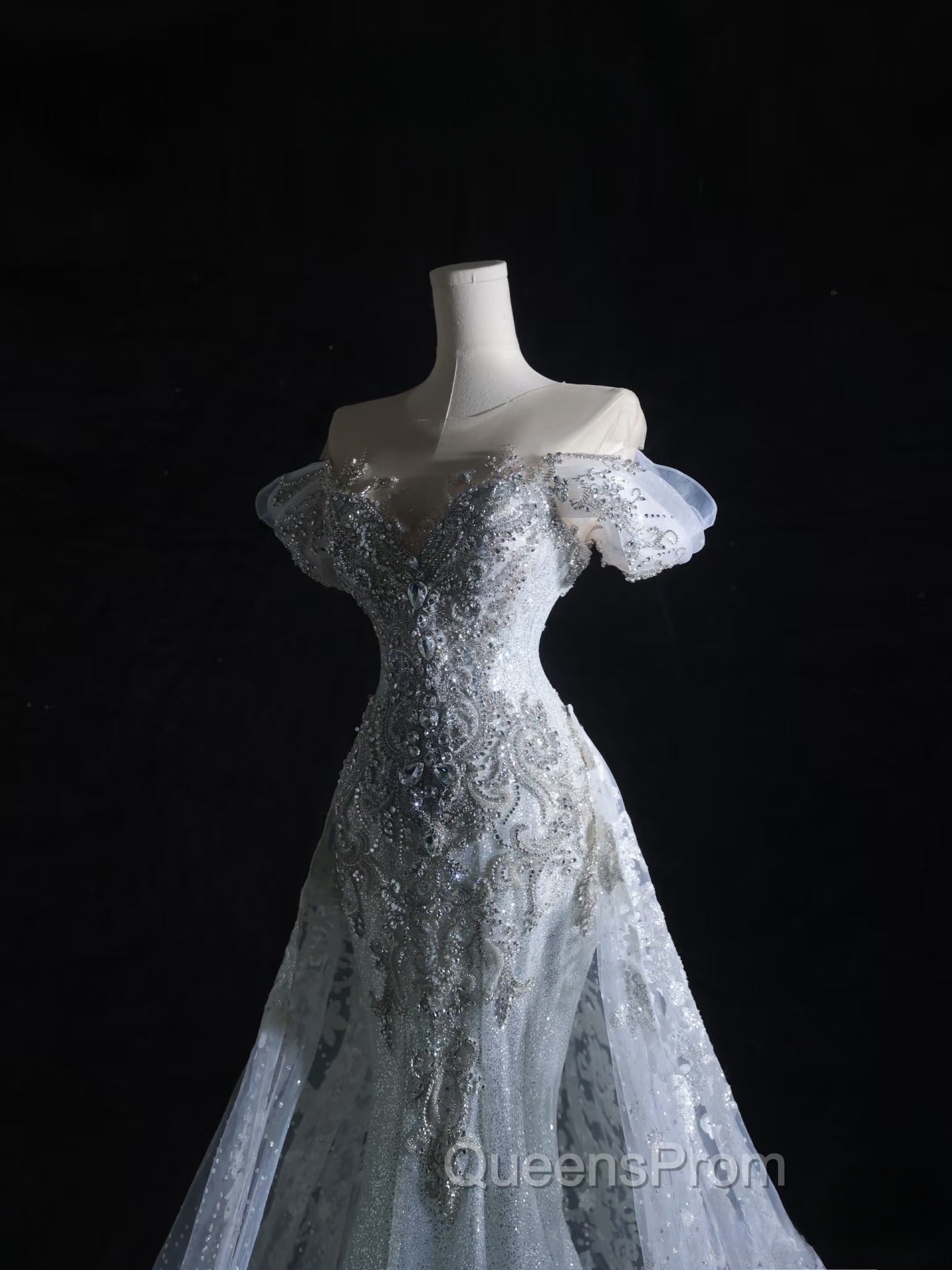 Pretty Mermaid Off The Shoulder Silver Beads Long Evening Prom Dress Evening Dress