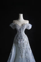 Pretty Mermaid Off The Shoulder Silver Beads Long Evening Prom Dress Evening Dress