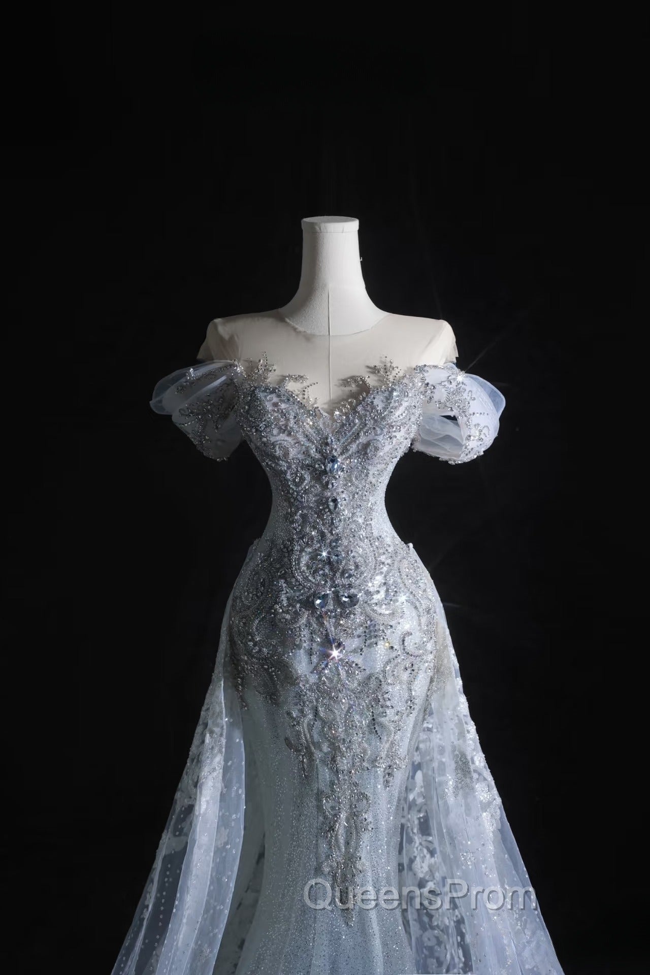 Pretty Mermaid Off The Shoulder Silver Beads Long Evening Prom Dress Evening Dress